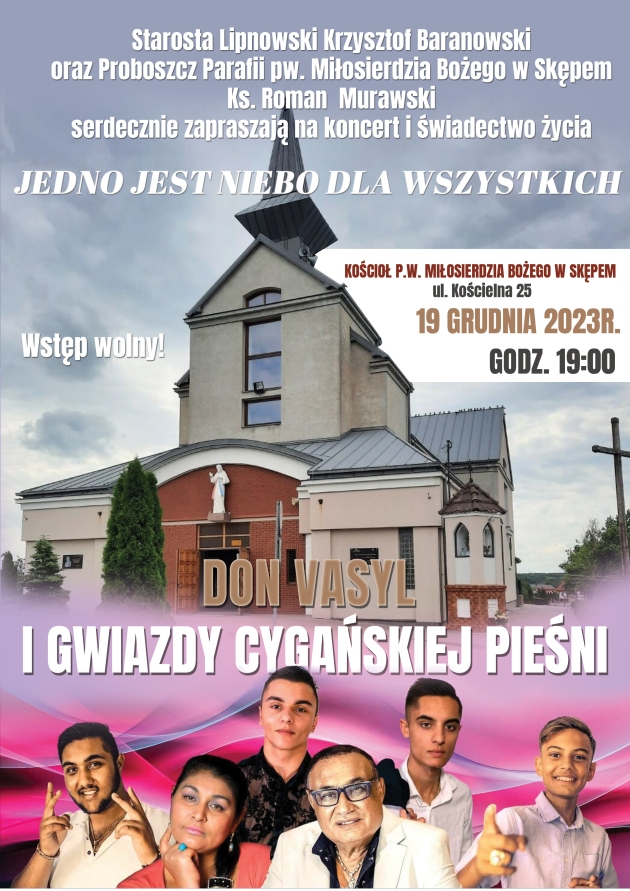 Plakat promujący koncert i świadectwo życia &quot;Jedno jest niebo dla Wszystkich&quot; Don Vasyl i Gwiazdy Cygańskiej Pieśni