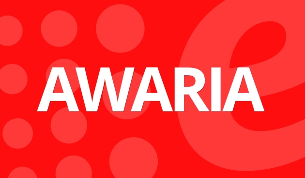 Grafika ilustracyjna. Biały napis awaria na czerwonym tle,