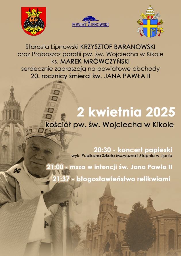 plakat promujący wydarzenie - 20.rocznica śmierci św. Jana Pawła II