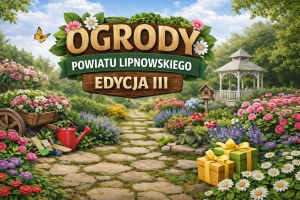 Grafika ilustracyjna. Ogród z napisem Ogrody Powiatu Lipnowskiego edycja III