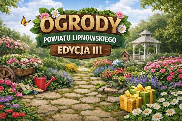 Grafika ilustracyjna. Ogród z napisem Ogrody Powiatu Lipnowskiego edycja III