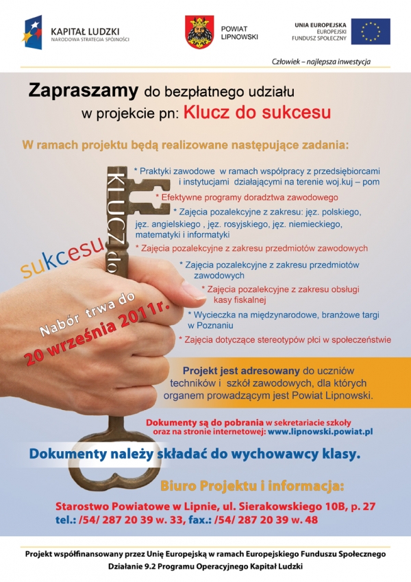 Zapraszamy do bezpłatnego udziału w projekcie pn.: KLUCZ DO SUKCESU