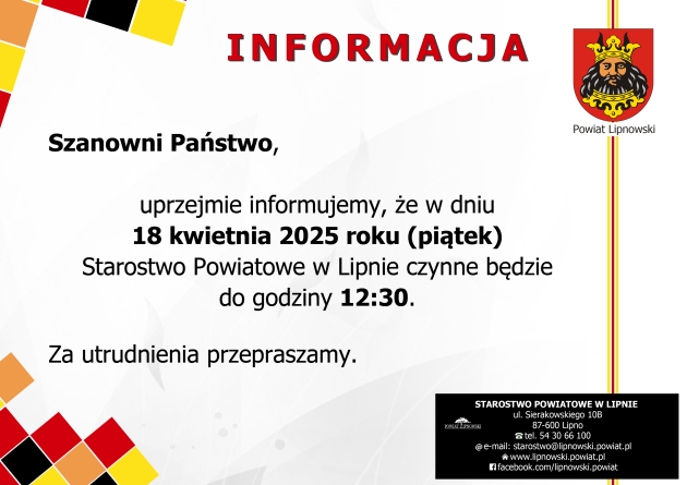 Informacja o godzinach pracy urzędu (treść poniżej)