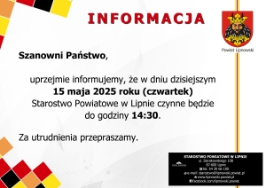 Informacja o pracy urzędu. Treść informacji poniżej.