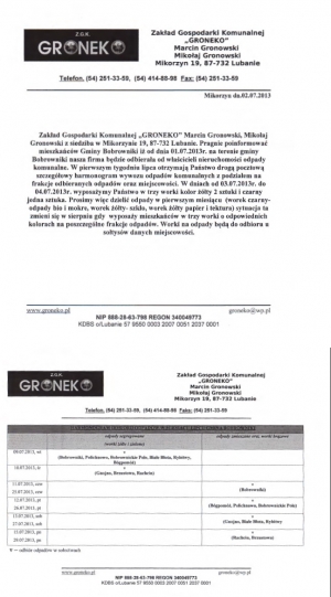 Od lipca śmieci w gminie Bobrowniki odbierać będzie firma GRONEKO
