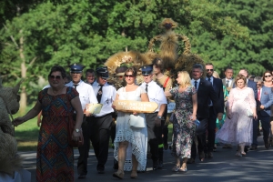 Barwny korowód w drodze na plac dożynkowy w Wiosce