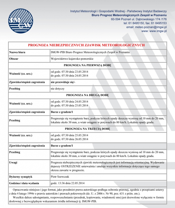 PROGNOZA NIEBEZPIECZNYCH ZJAWISK METEOROLOGICZNYCH