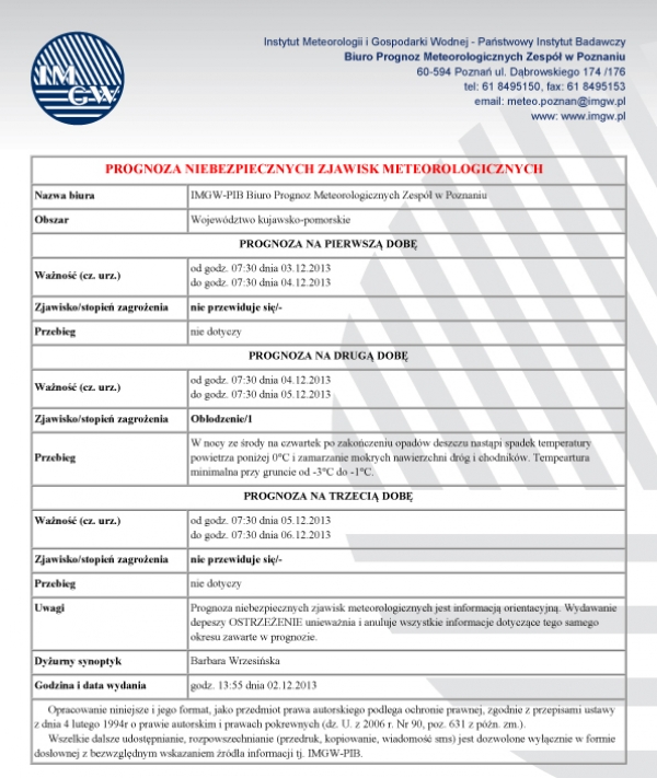 PROGNOZA NIEBEZPIECZNYCH ZJAWISK METEOROLOGICZNYCH