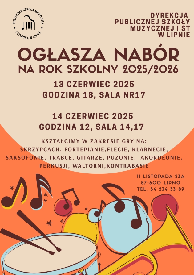 Plakat dotyczący naboru do PSM I St. w Lipnie (pełna treść poniżej)