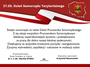 Grafika ilustracyjna. Życzenia na Dzień Samorządu Terytorialnego (treść życzeń poniżej)