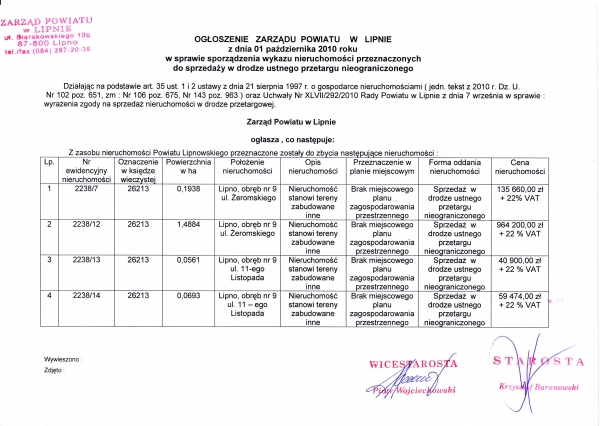 OGŁOSZENIE ZARZĄDU POWIATU W LIPNIE