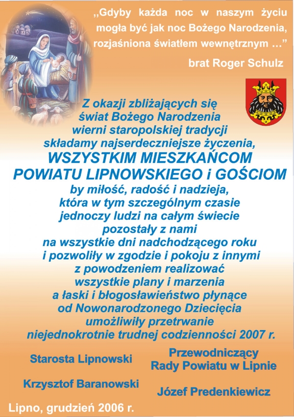 Życzenia świąteczno - noworczne od władz powiatu