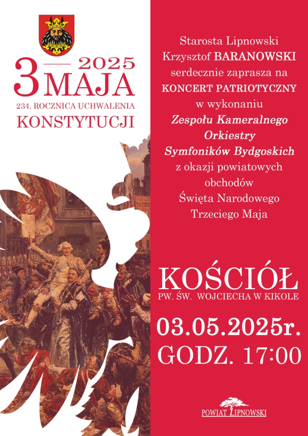 Plakat promujący koncert patriotyczny z okazji 234. rocznicy uchwalenia Konstytucji (treść plakatu znajduje się poniżej)