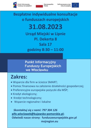 Plakat informacyjny - Bezpłatne indywidualne konsultacje o funduszach europejskich 