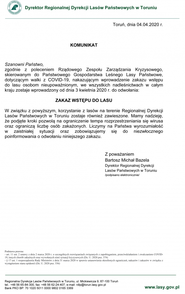 Komunikat Dyrektora Regionalnej Dyrekcji Lasów Państwowych w Toruniu