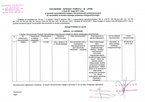 OGŁOSZENIE ZARZĄDU POWIATU W LIPNIE