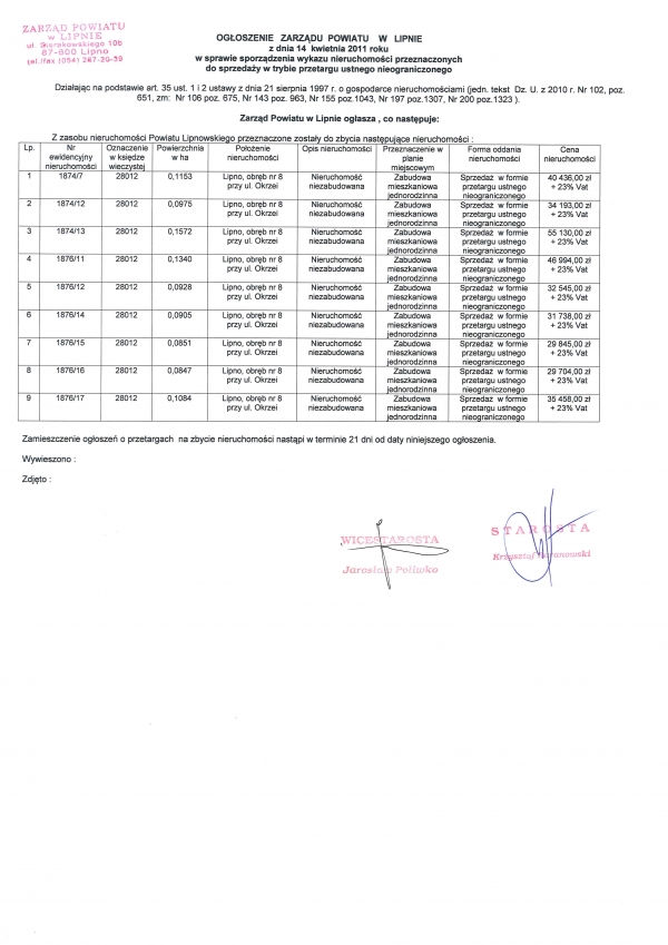 OGŁOSZENIE ZARZĄDU POWIATU W LIPNIE