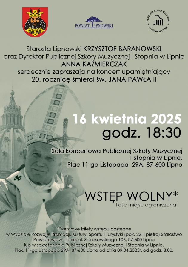 Plakat promujący koncert upamiętniający 20. rocznicę śmierci św. Jana Pawła II (opis w treści poniżej) 