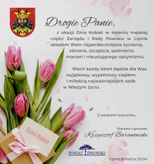 Życzenia z okazji dnia kobiet. Grafika ilustracyjna (różowe tulipany, prezent ze wstążką, karteczka z napisem Dzień Kobiet)