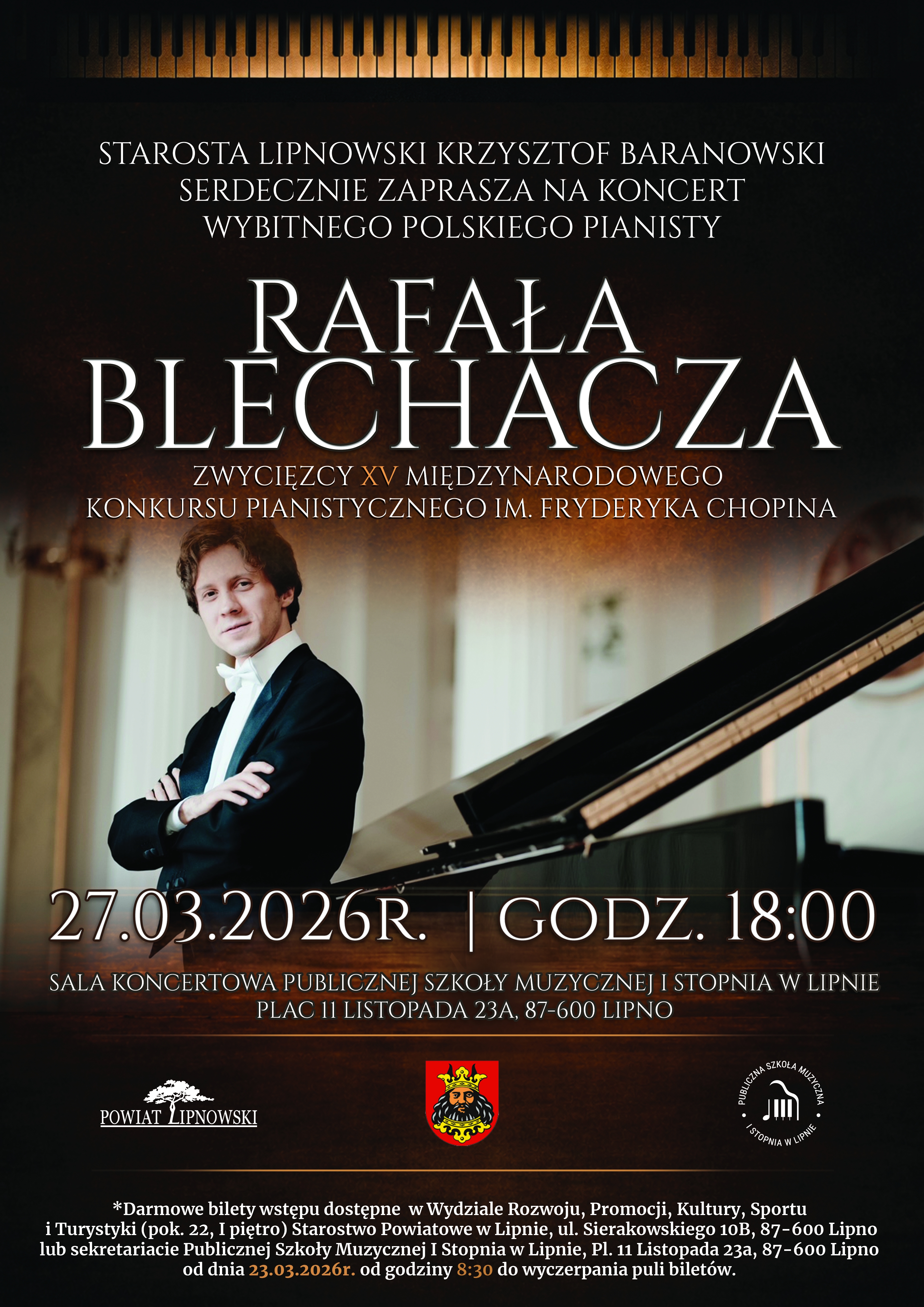 Rafał Blechacz - zwycięzca Konkursu Chopinowskiego wystąpi w Lipnie