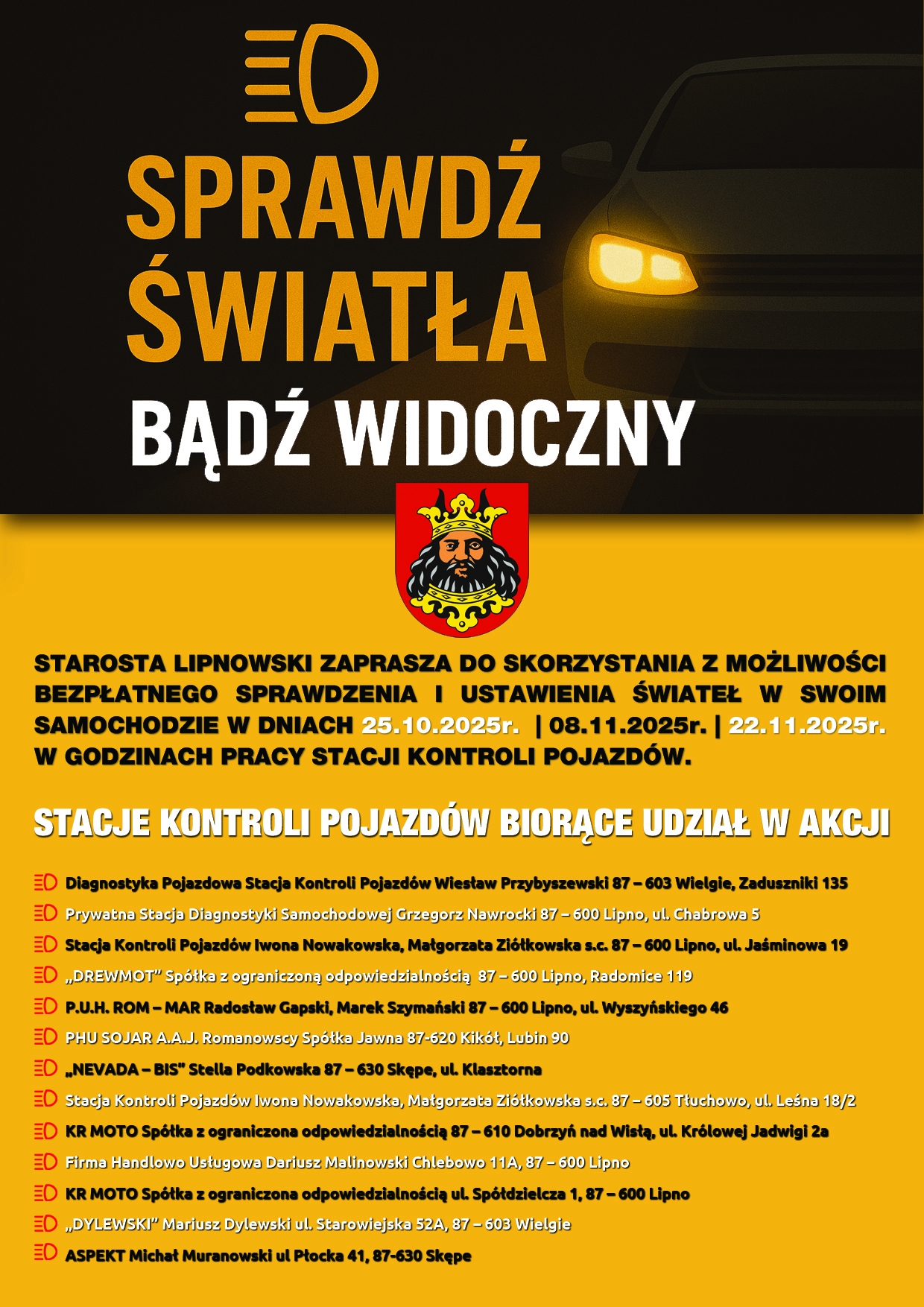 Sprawdź światła – bądź widoczny! Powiat Lipnowski zaprasza do udziału w bezpłatnej akcji